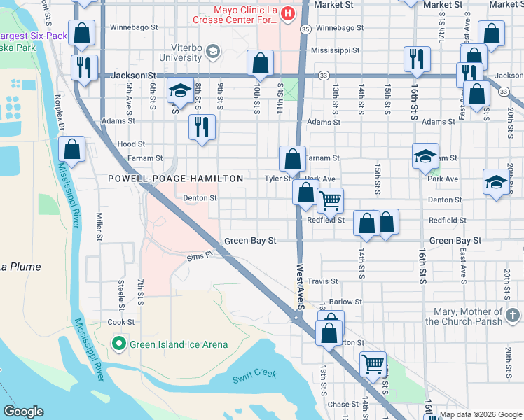 map of restaurants, bars, coffee shops, grocery stores, and more near 1617 10th Street in La Crosse