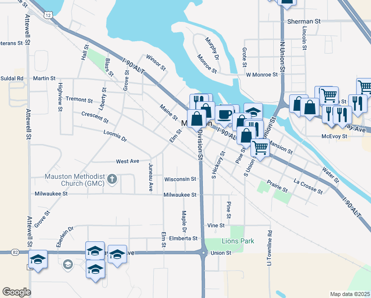 map of restaurants, bars, coffee shops, grocery stores, and more near 207 Tremont Street in Mauston