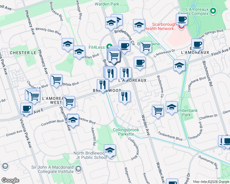 map of restaurants, bars, coffee shops, grocery stores, and more near 10 Bridletowne Circle in Toronto