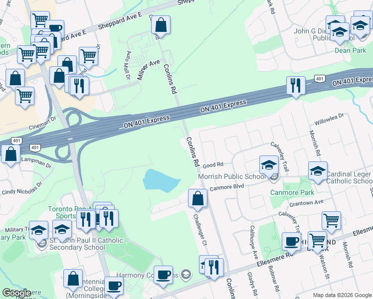 map of restaurants, bars, coffee shops, grocery stores, and more near 332 Conlins Road in Toronto