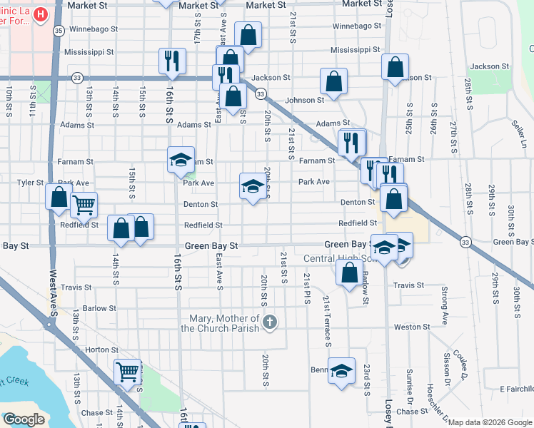 map of restaurants, bars, coffee shops, grocery stores, and more near 2000 Denton Street in La Crosse