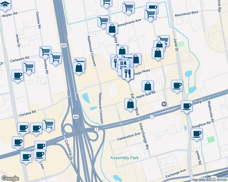 map of restaurants, bars, coffee shops, grocery stores, and more near 100 Edgeley Boulevard in Vaughan