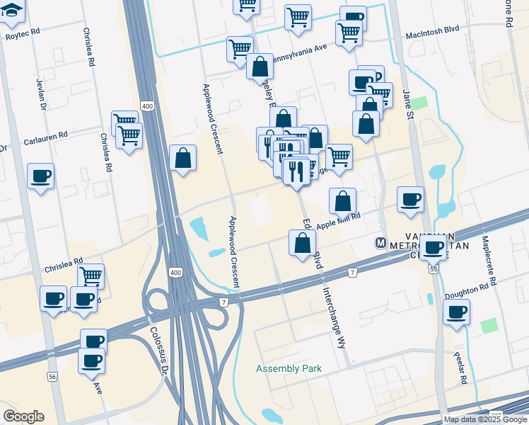 map of restaurants, bars, coffee shops, grocery stores, and more near 100 Edgeley Boulevard in Vaughan