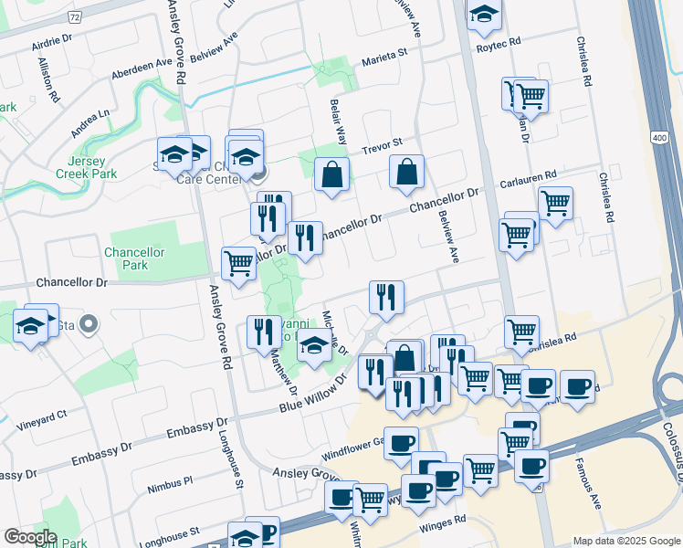 map of restaurants, bars, coffee shops, grocery stores, and more near 46 San Marko Place in Vaughan