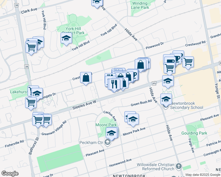 map of restaurants, bars, coffee shops, grocery stores, and more near 59 Steeles Avenue West in Toronto