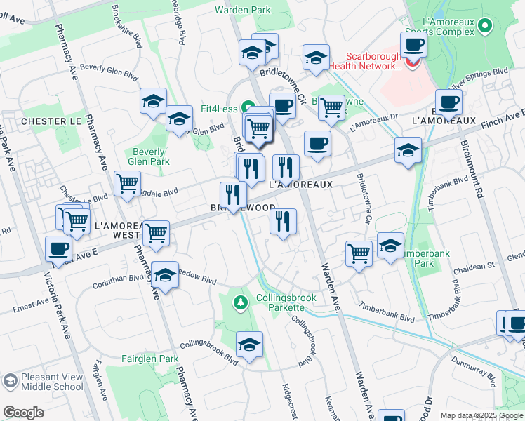 map of restaurants, bars, coffee shops, grocery stores, and more near in Toronto