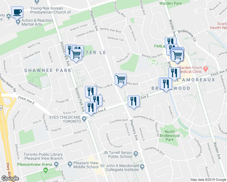 map of restaurants, bars, coffee shops, grocery stores, and more near 3050 Pharmacy Avenue in Toronto