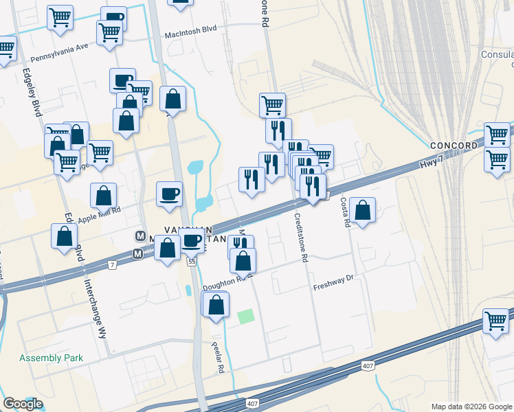 map of restaurants, bars, coffee shops, grocery stores, and more near in Vaughan