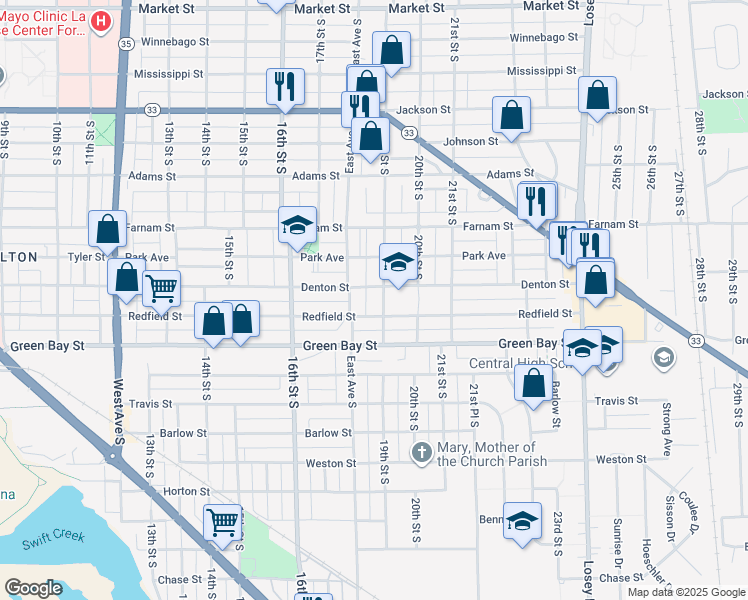 map of restaurants, bars, coffee shops, grocery stores, and more near 1510 19th Street South in La Crosse