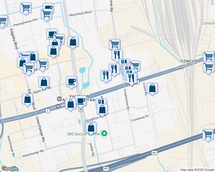 map of restaurants, bars, coffee shops, grocery stores, and more near 2900 Highway 7 in Vaughan