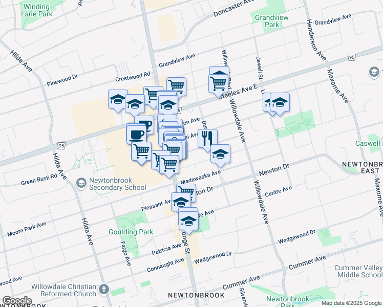 map of restaurants, bars, coffee shops, grocery stores, and more near 25 Athabaska Avenue in Toronto