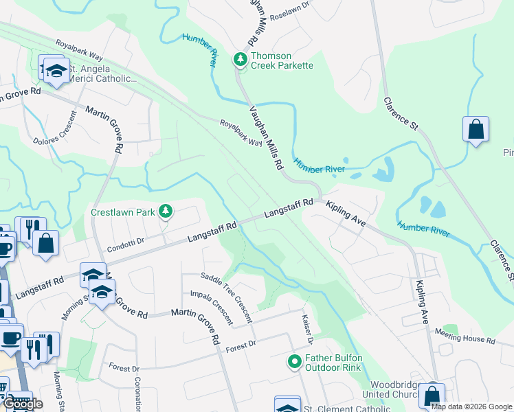 map of restaurants, bars, coffee shops, grocery stores, and more near 160 Gentile Circle in Vaughan