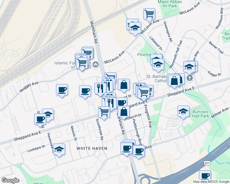 map of restaurants, bars, coffee shops, grocery stores, and more near 19 Verne Crescent in Toronto