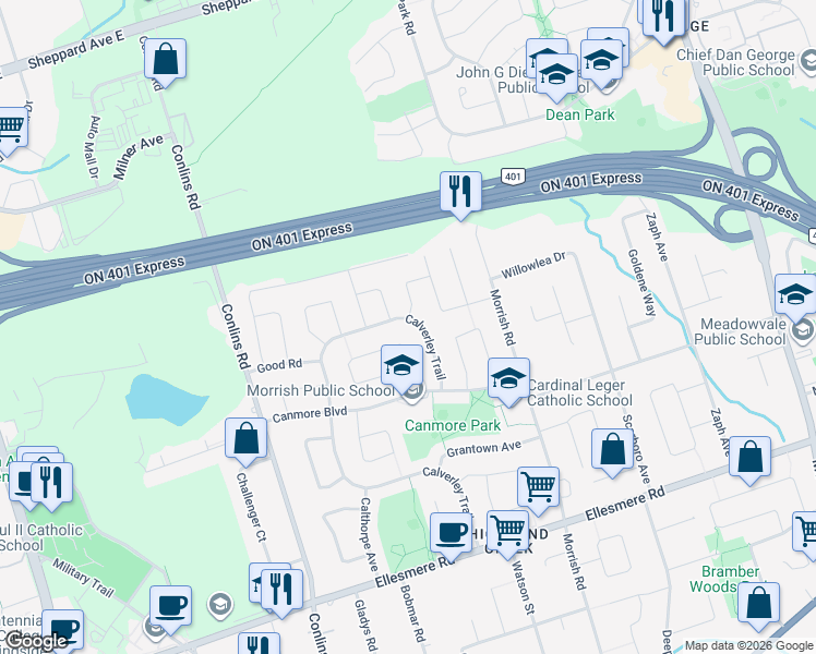 map of restaurants, bars, coffee shops, grocery stores, and more near 177 Calverley Trail in Toronto