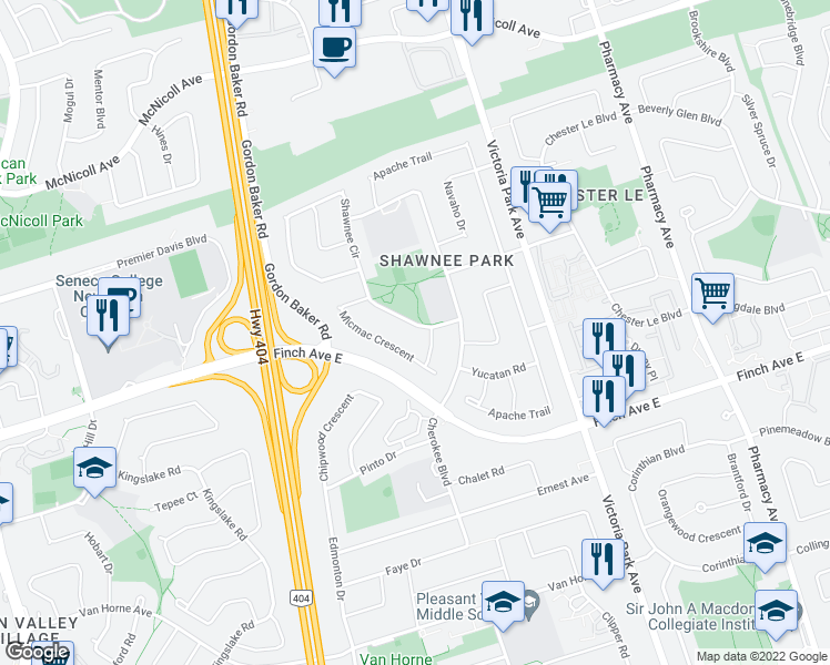 map of restaurants, bars, coffee shops, grocery stores, and more near 30 Shawnee Circle in Toronto