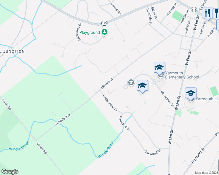 map of restaurants, bars, coffee shops, grocery stores, and more near 364 Hillside Street in Yarmouth