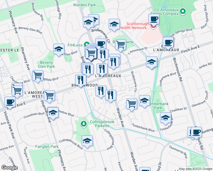 map of restaurants, bars, coffee shops, grocery stores, and more near 2800 Warden Avenue in Toronto