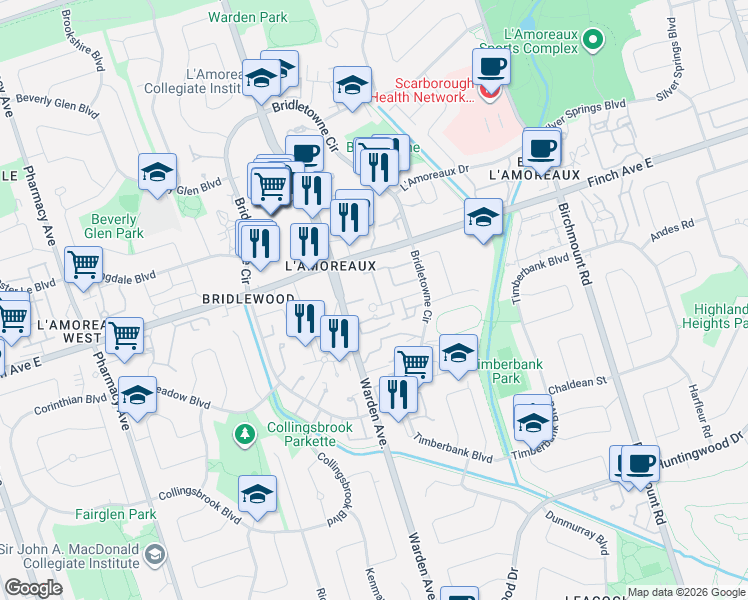 map of restaurants, bars, coffee shops, grocery stores, and more near 15 Stonehill Court in Toronto