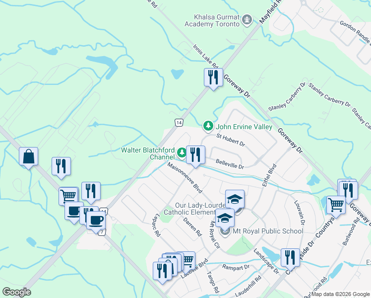 map of restaurants, bars, coffee shops, grocery stores, and more near 39 Laurentide Crescent in Brampton