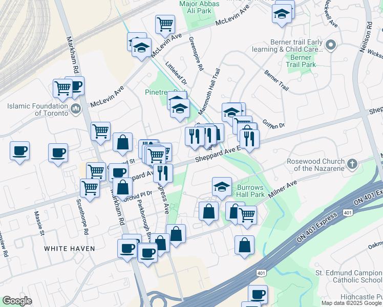 map of restaurants, bars, coffee shops, grocery stores, and more near in Toronto