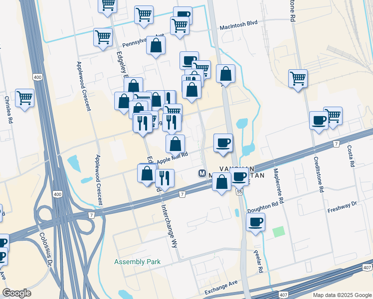 map of restaurants, bars, coffee shops, grocery stores, and more near 200 Apple Mill Road in Vaughan
