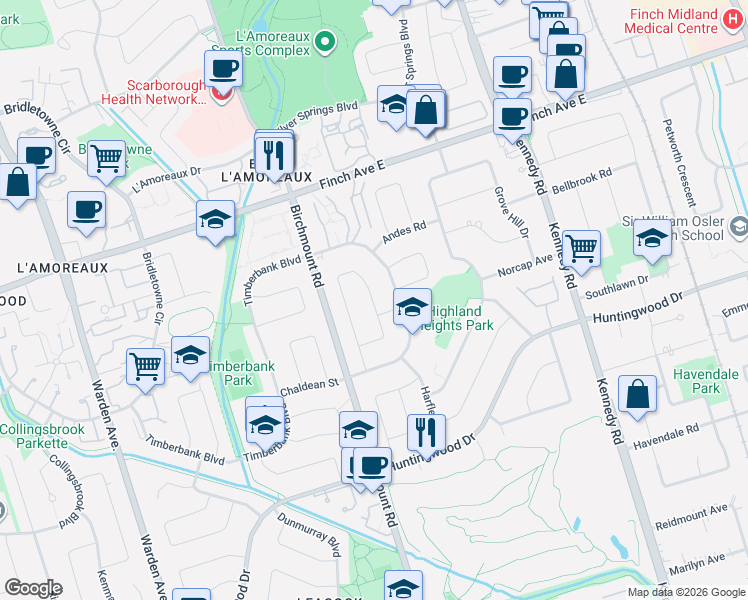 map of restaurants, bars, coffee shops, grocery stores, and more near 80 Rainier Square in Toronto