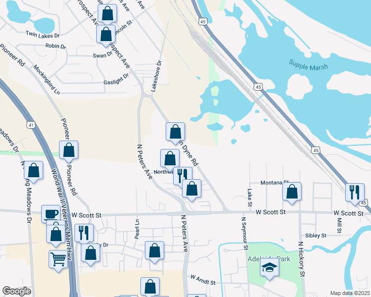 map of restaurants, bars, coffee shops, grocery stores, and more near Van Dyne Road in Fond du Lac
