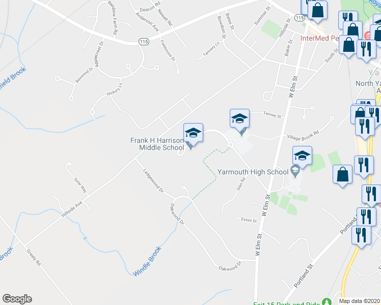 map of restaurants, bars, coffee shops, grocery stores, and more near 220 Mccartney Street in Yarmouth