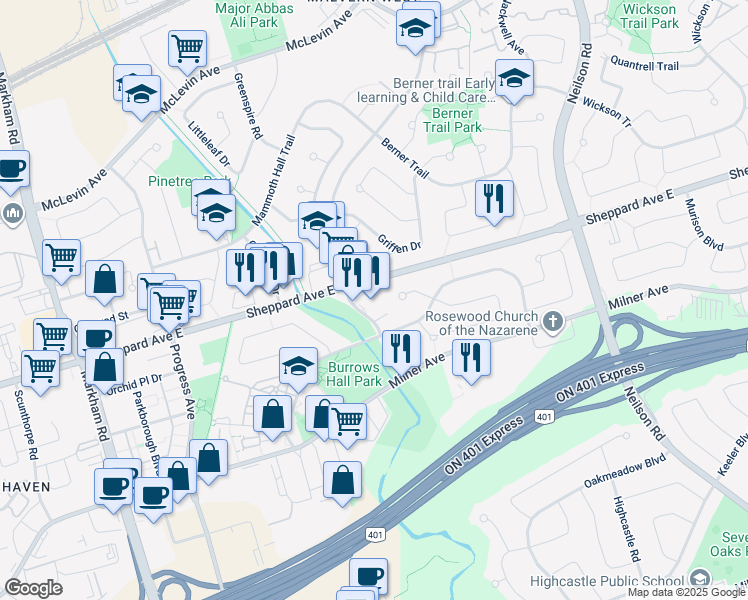 map of restaurants, bars, coffee shops, grocery stores, and more near 33 Lapsley Road in Toronto