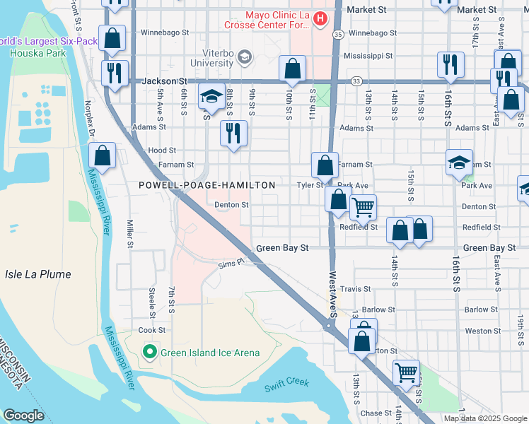 map of restaurants, bars, coffee shops, grocery stores, and more near 929 Redfield Street in La Crosse