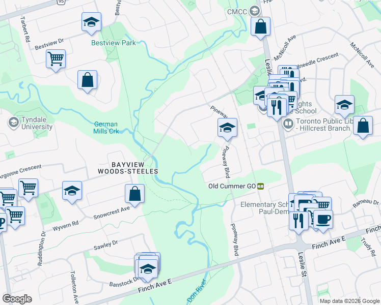 map of restaurants, bars, coffee shops, grocery stores, and more near 4 Craigmont Drive in Toronto