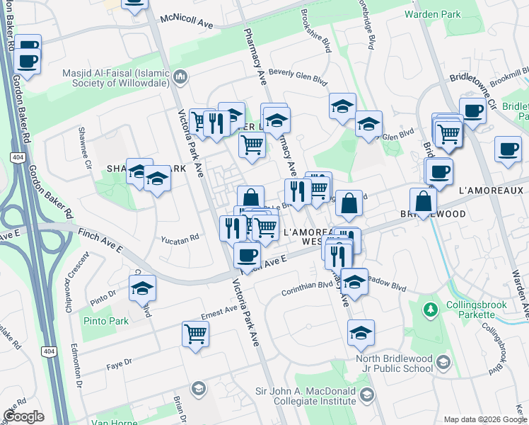map of restaurants, bars, coffee shops, grocery stores, and more near 144 Dusay Place in Toronto