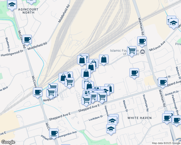 map of restaurants, bars, coffee shops, grocery stores, and more near 235 Shorting Road in Toronto