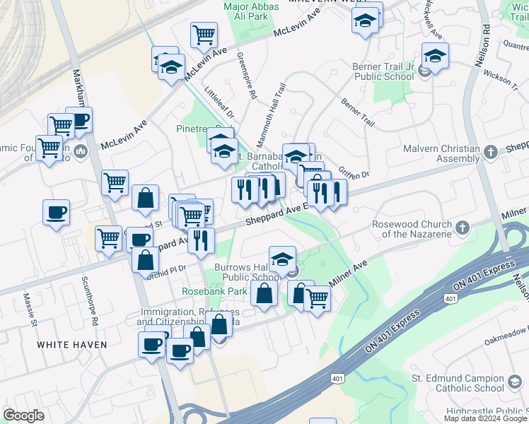 map of restaurants, bars, coffee shops, grocery stores, and more near 122 Purvis Crescent in Toronto