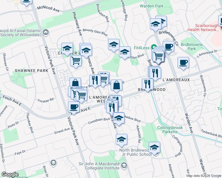 map of restaurants, bars, coffee shops, grocery stores, and more near 95 Huntingdale Boulevard in Toronto