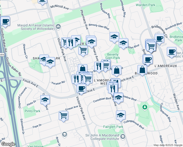 map of restaurants, bars, coffee shops, grocery stores, and more near in Toronto