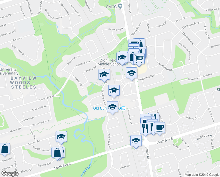 map of restaurants, bars, coffee shops, grocery stores, and more near 59 Reiber Crescent in Toronto