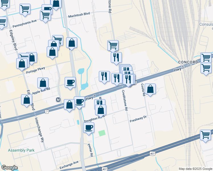 map of restaurants, bars, coffee shops, grocery stores, and more near in Vaughan