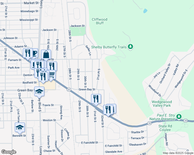 map of restaurants, bars, coffee shops, grocery stores, and more near 1535 31st Street South in La Crosse