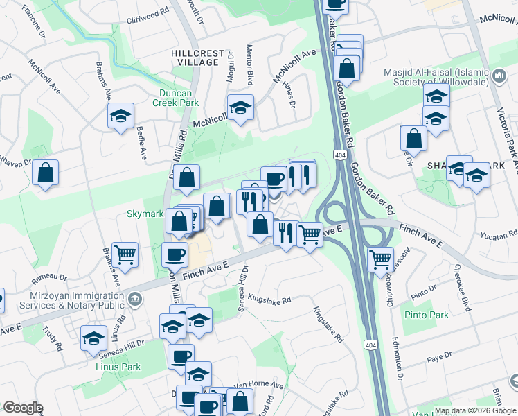 map of restaurants, bars, coffee shops, grocery stores, and more near 1750 Finch Avenue West in Toronto