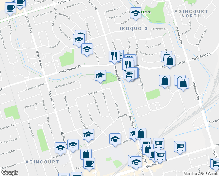 map of restaurants, bars, coffee shops, grocery stores, and more near 50 Todd Road in Toronto