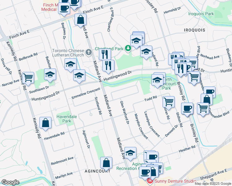 map of restaurants, bars, coffee shops, grocery stores, and more near 88 Stubbswood Square in Toronto
