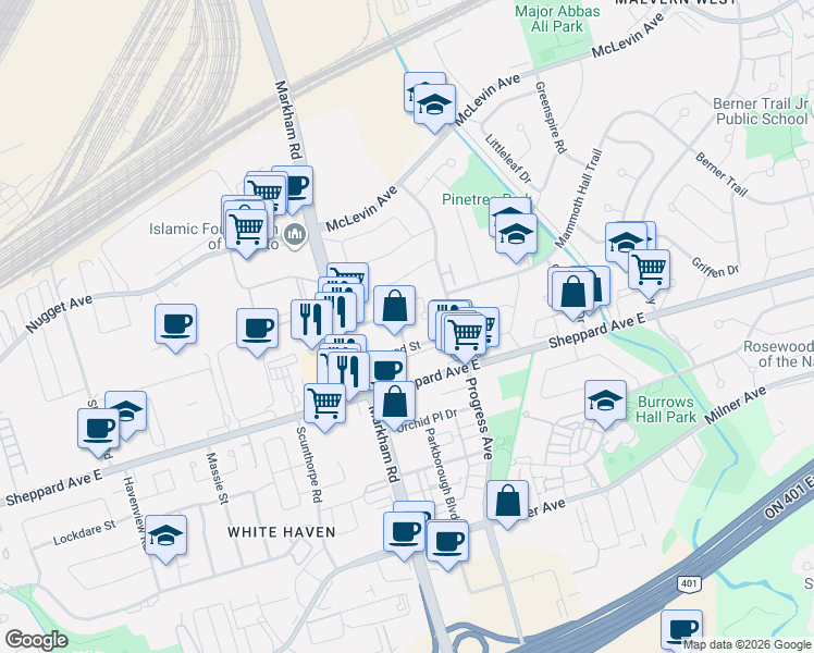 map of restaurants, bars, coffee shops, grocery stores, and more near 62 Verne Crescent in Toronto