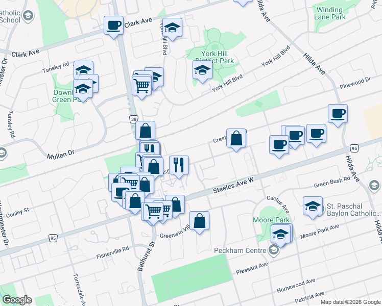 map of restaurants, bars, coffee shops, grocery stores, and more near 90 Townsgate Drive in Vaughan