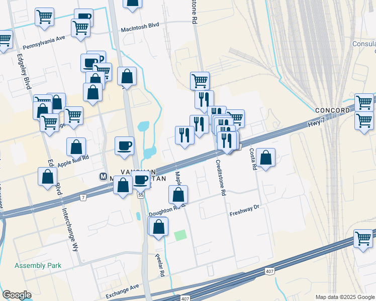 map of restaurants, bars, coffee shops, grocery stores, and more near in Vaughan