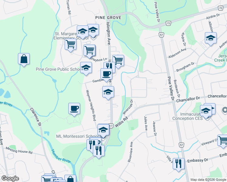 map of restaurants, bars, coffee shops, grocery stores, and more near 8313 Islington Avenue in Vaughan