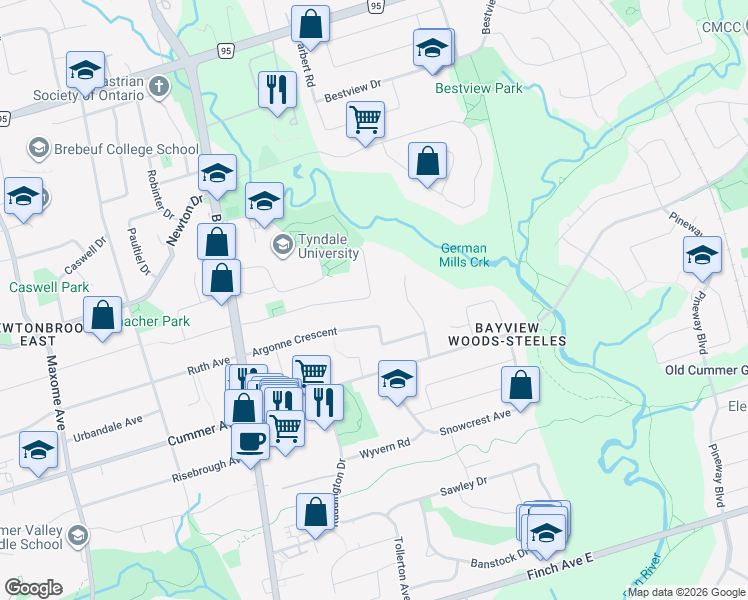 map of restaurants, bars, coffee shops, grocery stores, and more near 51 Bowan Court in Toronto