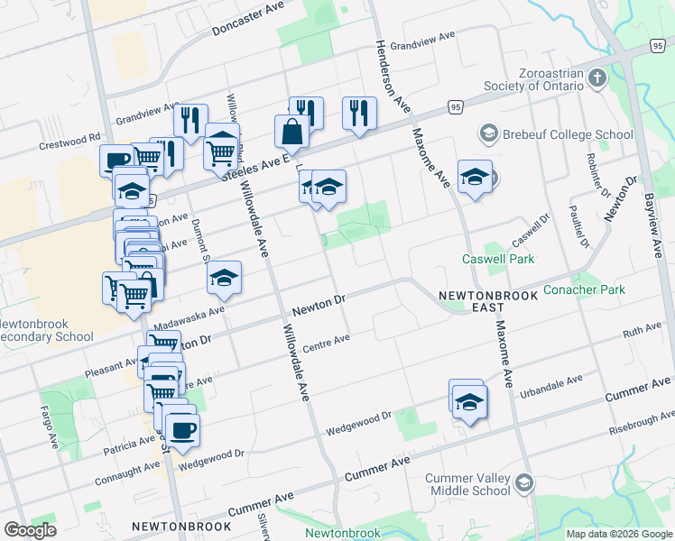 map of restaurants, bars, coffee shops, grocery stores, and more near 1031A Lillian Street in Toronto