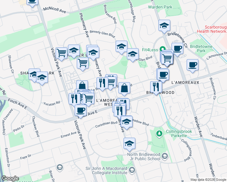 map of restaurants, bars, coffee shops, grocery stores, and more near 9 Calamint Lane in Toronto