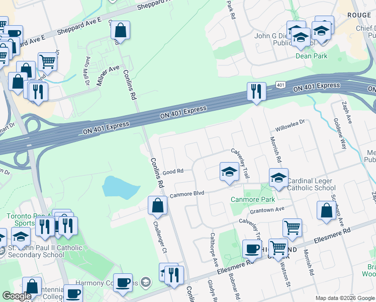 map of restaurants, bars, coffee shops, grocery stores, and more near 11 Houndtrail Drive in Toronto